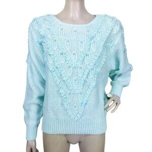 VTG 80s Knit Lace Trim Pearl Beaded Crochet Delicate Soft Girl Sweater Large